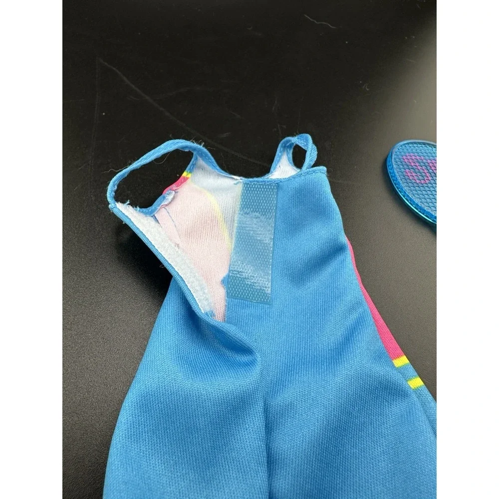 Vtg Mattel BARBIE Doll Blue  Pink Yellow Sleeveless Mini Tennis Dress And Racket